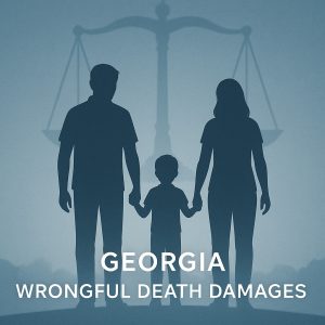A graphic of law scales and a family holding hands for a blog about wrongful death damages in Georgia.