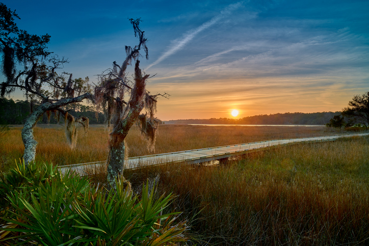 Boardwalk at Skidaway Island State Park, GA with sunset.